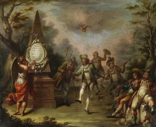 Rokoko-scène met Thirsis dansend in een groene jas met herdersstaf, omringd door gezellen